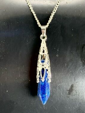 Lapis Lazuli Point Necklace • Ornate Silver-Tone Setting